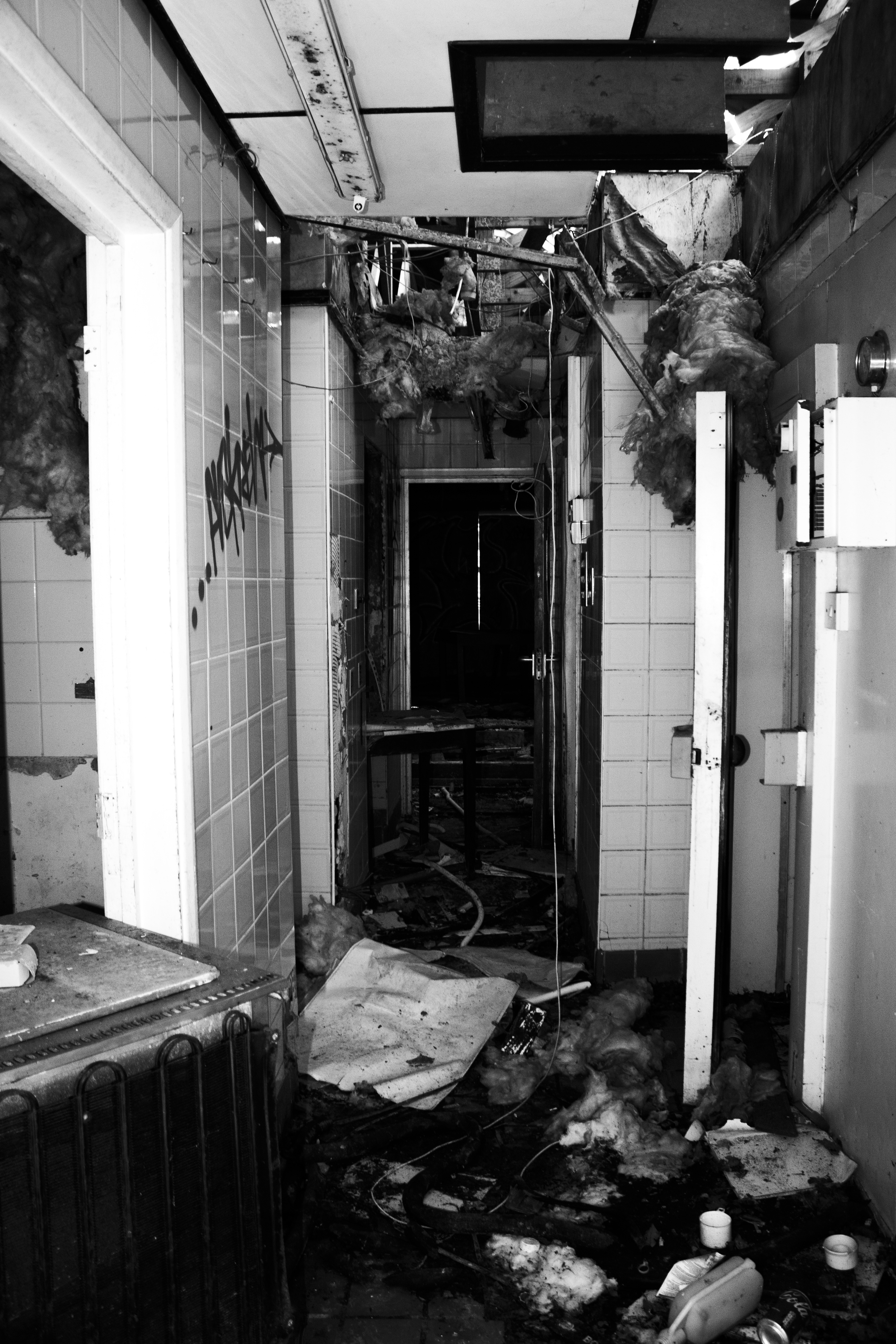 Graffiti and debris in the main dining area