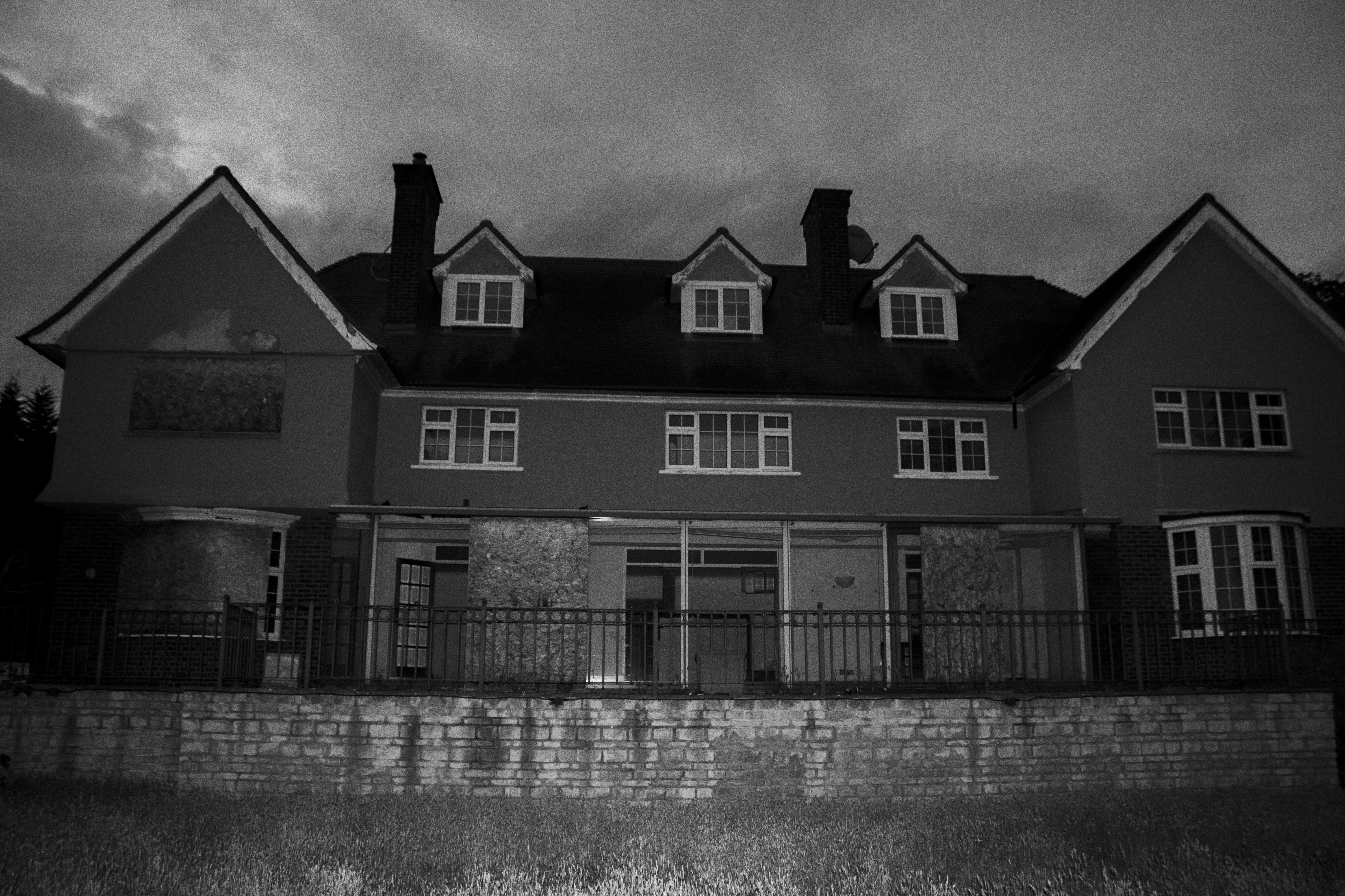 Wide façade shot in fading light